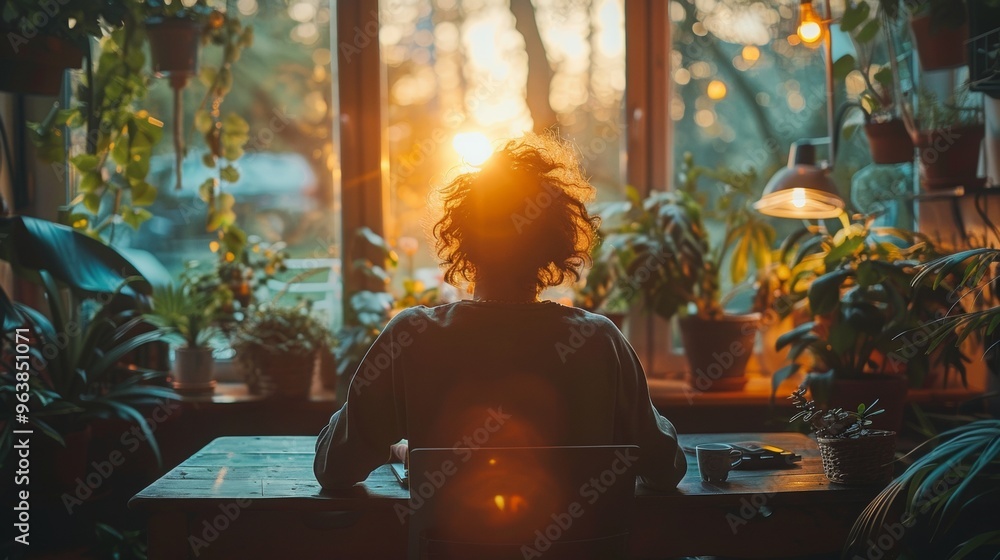 Poster a scene of remote work, with an employee working from home using a laptop and participating in a vid