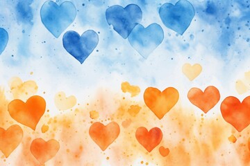 Watercolor blue and orange hearts background