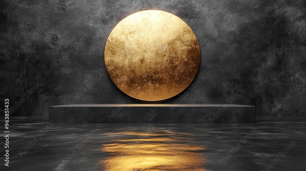 Poster 3d abstract minimal black backgroun3d with empty hemisphere podium golden ball an3d reflection in th