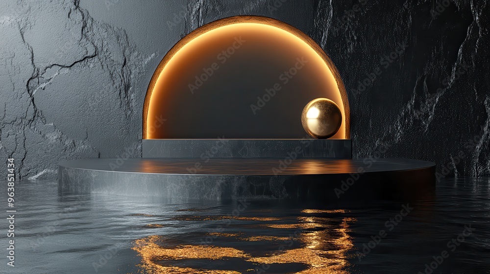 Poster 3d abstract minimal black backgroun3d with empty hemisphere podium golden ball an3d reflection in th