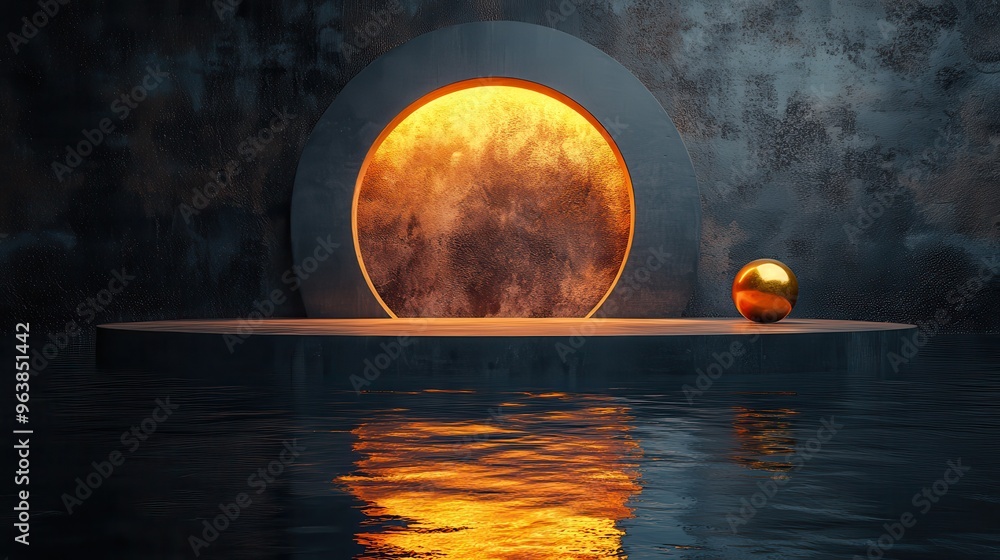 Poster 3d abstract minimal black backgroun3d with empty hemisphere podium golden ball an3d reflection in th