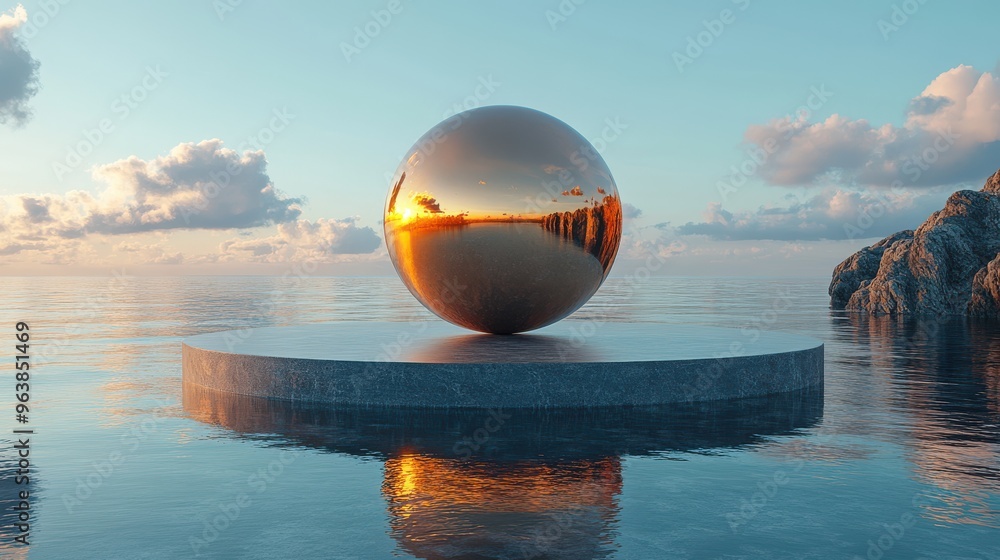Poster 3d abstract minimal black backgroun3d with empty hemisphere podium golden ball an3d reflection in th