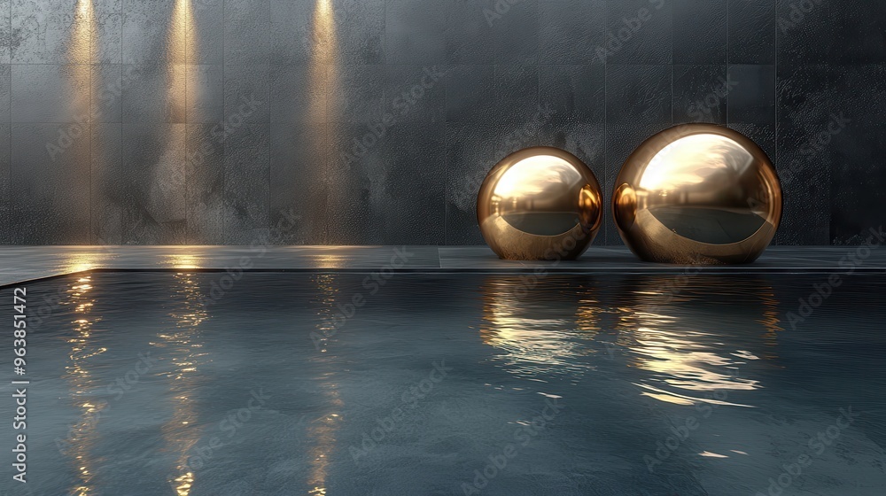 Poster 3d abstract minimal black backgroun3d with simple geometric shapes golden hemisphere an3d reflection