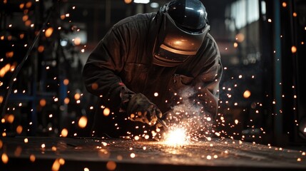 A skilled worker welds with precision in a factory, sparks flying, highlighting expertise and industrial skill.