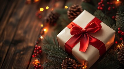 Christmas Background with Red Gift Box, Pine Branches, Baubles, and Glittering Star Ornaments on a Festive Red Surface; Holiday Card Design with Pine Cones, Berries, and Shimmering Decorations for Sea