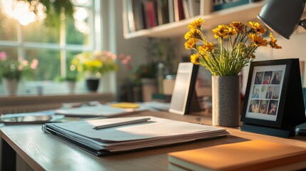 Fototapeta premium A serene workspace featuring a sunny desk with flowers, books, and a photo frame, perfect for inspiration and creativity.