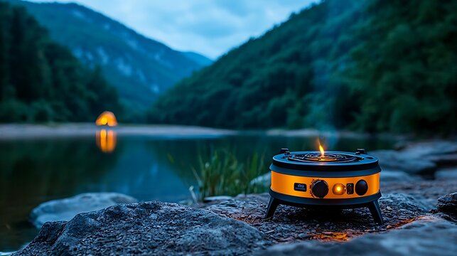 A photostock image of a portable camping stove with augmented reality, displaying fuel types, cooking surfaces, and portability features in a scenic campsite 
