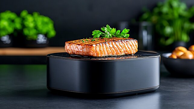 A photostock image of a modern sous vide cooker in augmented reality, showcasing temperature precision, water circulation, and recipe suggestions in a gourmet kitchen 