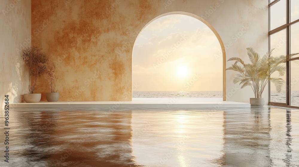 Aufkleber 3d abstract modern minimal backgroun3d with golden arch black cobbles an3d reflection in the water o