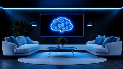 A photostock image of a smart home automation system displayed in augmented reality, with device compatibility, voice control, and scheduling features in a futuristic home 