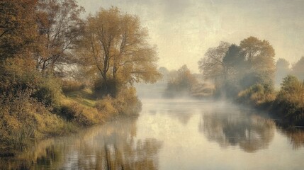 Foggy Riverbank with Trees and Reflections