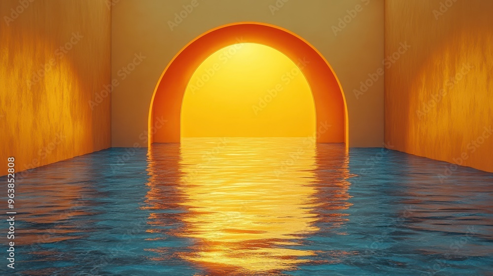 Aufkleber 3d abstract modern minimal backgroun3d with golden arch black cobbles an3d reflection in the water o