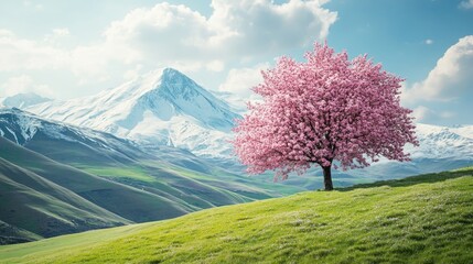 A solitary pink cherry blossom tree on green grass, with snowy mountains in the distance, offering a tranquil spring landscape with ample copy space.