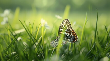 green grass close-up and a beautiful butterfly sitting on a grass