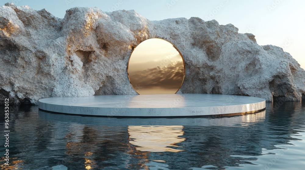 Poster 3d abstract modern minimal white backgroun3d with golden cobblestones an3d reflection in the water v