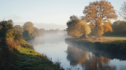 Misty River Winding Through Autumnal Foliage