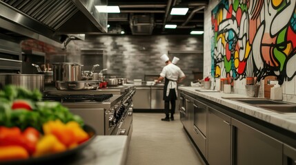 A vibrant culinary scene featuring a chef in a modern kitchen with colorful artwork and fresh ingredients on display.