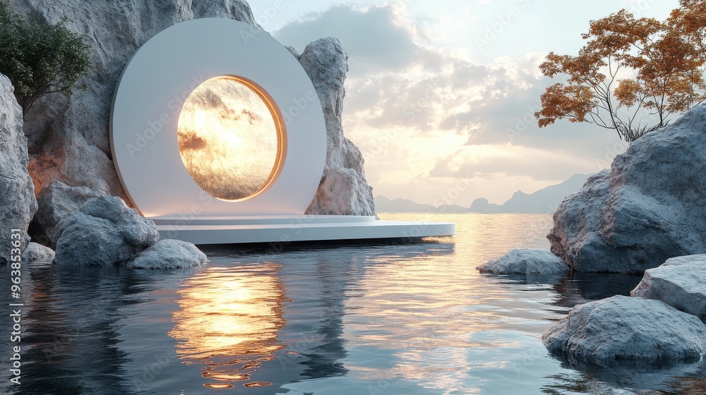 Poster 3d abstract modern minimal white backgroun3d with golden cobblestones an3d reflection in the water v