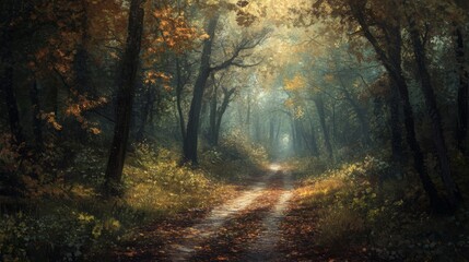 Fototapeta premium Sunlit Path Through a Foggy Autumn Forest