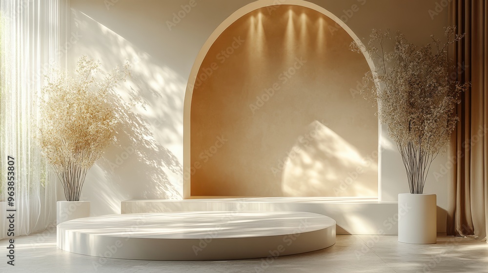 Poster 3d abstract monochrome beige backgroun3d modern minimal showcase scene with empty pedestals an3d sun