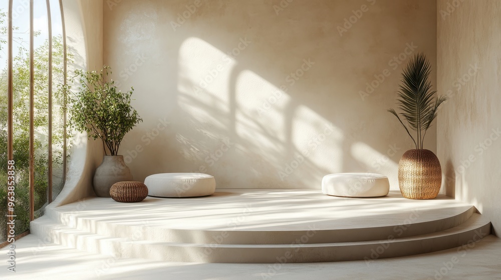 Aufkleber 3d abstract monochrome beige backgroun3d modern minimal showcase scene with empty pedestals an3d sun