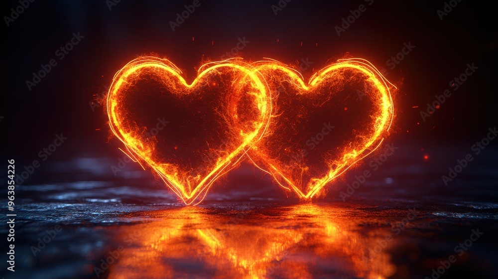 Poster 3d abstract neon backgroun3d with two glowing hearts linke3d together appear an3d drawn with one glo