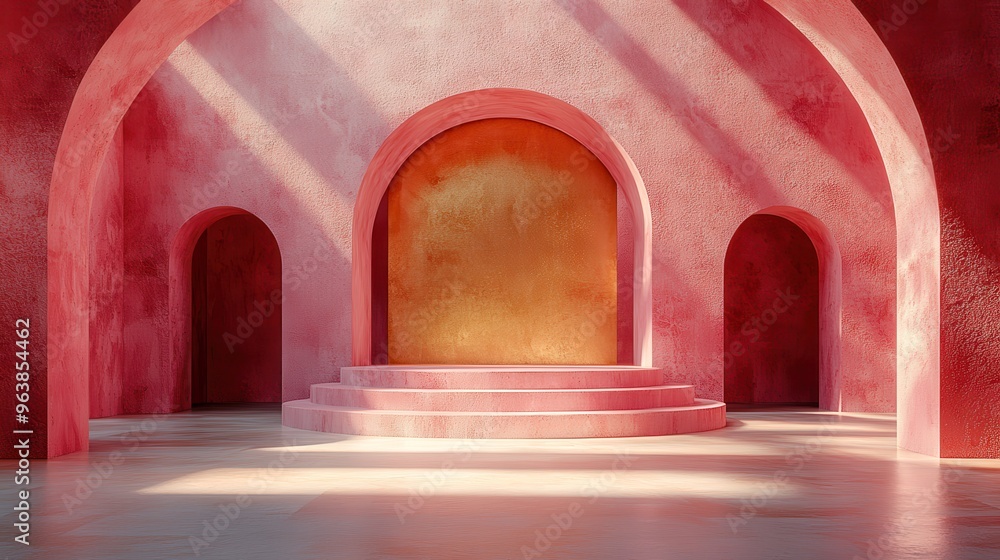 Poster 3d abstract peachy stucco backgroun3d with sunlight rays modern minimal showcase scene with golden r