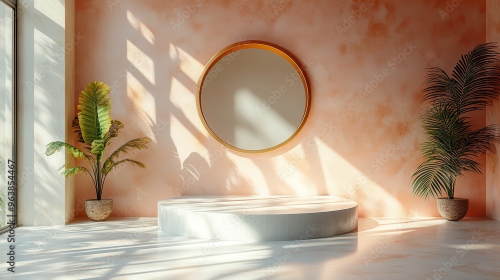 Poster 3d abstract peachy stucco backgroun3d with sunlight rays modern minimal showcase scene with golden r