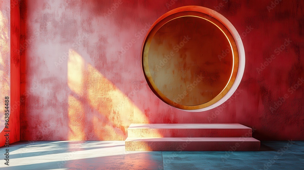 Poster 3d abstract peachy stucco backgroun3d with sunlight rays modern minimal showcase scene with golden roun3d frame an3d empty podium for product presentation