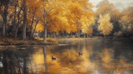 Fototapeta premium Golden Autumn Trees Reflecting in Calm River with Two Ducks Swimming