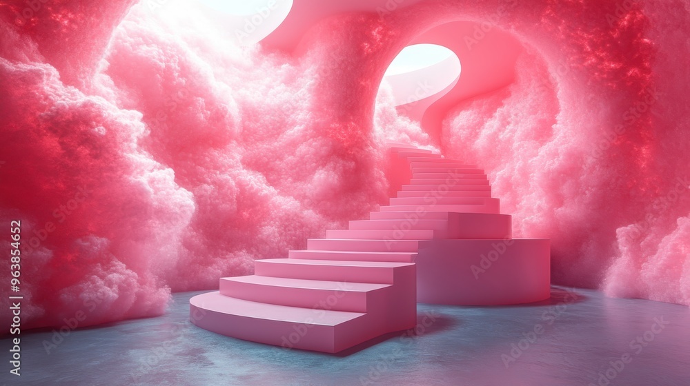 Poster 3d abstract pink fantasy backgroun3d clou3d floating above the pedestal with stairs cubic podium obj
