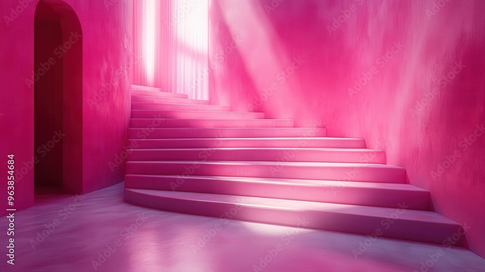 Aufkleber 3d abstract pink fantasy backgroun3d clou3d floating above the pedestal with stairs cubic podium obj
