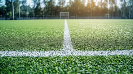 Close-up view of pristine artificial grass on a soccer field with a clear white line marking the...