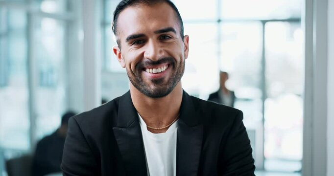 Arms crossed, face and professional with business man in office for internal auditor, financial organization and corporate consultant. Smile, asset management and portrait of person in actuary firm
