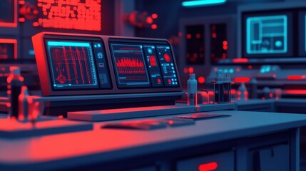 Futuristic laboratory with vibrant screens displaying data and vibrant lighting creating a high-tech atmosphere.