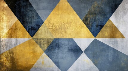 A tranquil abstract of gold, blue, and grey triangles arranged in perfect symmetry, exuding calm and balance.
