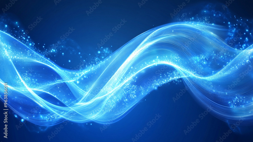 Poster dynamic blue waves illuminated by shimmering particles flowing gracefully through the space