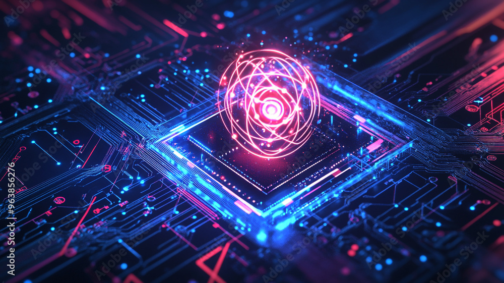 Aufkleber glowing atom illustration amid intricate circuit patterns in a high-tech environment