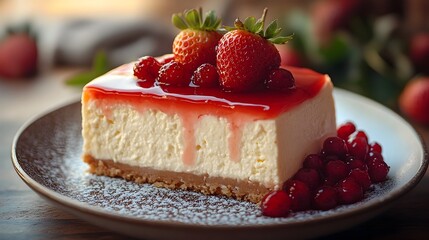 Soft Focused Slice of Indulgent New York Style Cheesecake with Vibrant Strawberry Topping