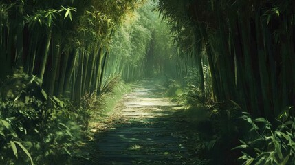 Obraz premium A tranquil, leafy path leads through the dense bamboo grove, inviting you on a quiet, mysterious walk