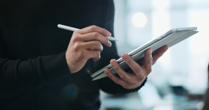 Hands, business and tablet in office meeting with website research, digital checklist and planning at job. Person, data analyst and startup agency for advice, support and growth or revenue report