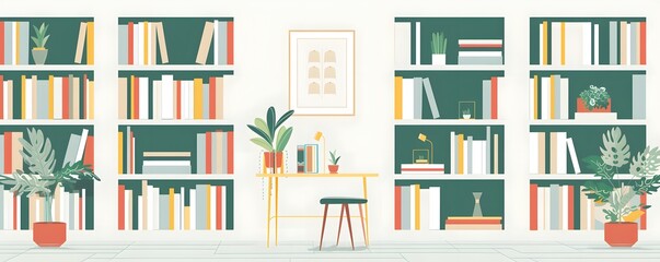 Fototapeta premium Minimalist Home Office with Bookshelves, Plants, and a Desk