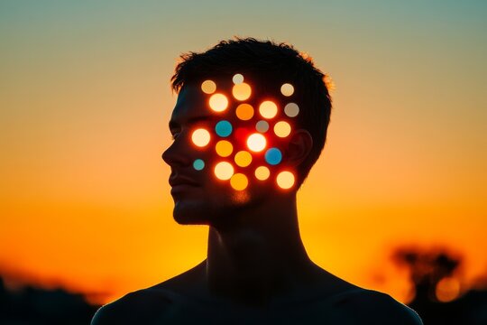 Neural diversity default mode network and astrocytes profile with colorful glowing dots symbolizing cognitive activity and mental creativity at sunset