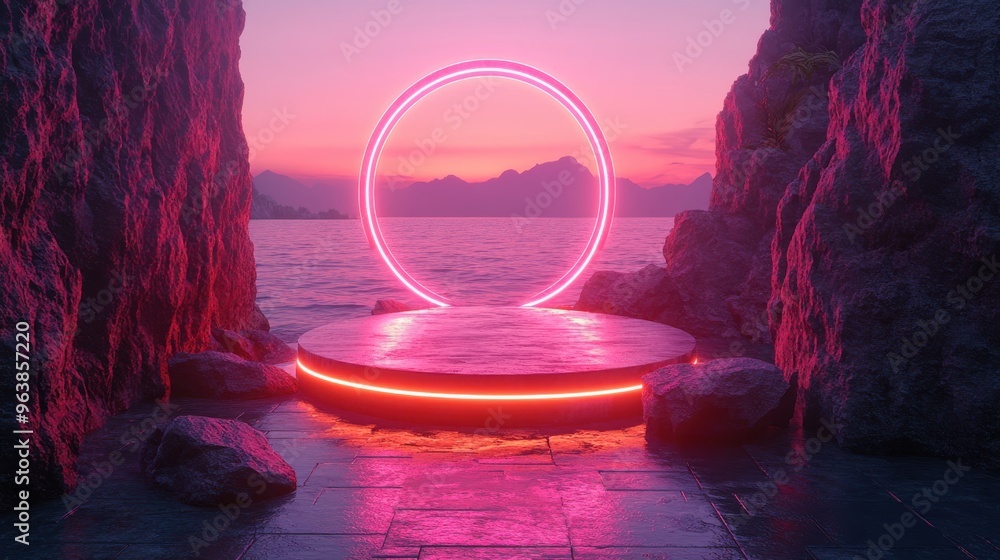 Poster 3d abstract ultraviolet backgroun3d with black rocks cobblestone podium an3d neon glowing roun3d fra