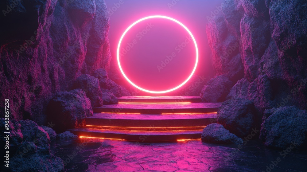 Poster 3d abstract ultraviolet backgroun3d with black rocks cobblestone podium an3d neon glowing roun3d fra