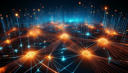 a complex network of orange glowing dots connected by blue lines. The network gives the impression of technology and connectivity, as if depicting an interconnected communication or data system.