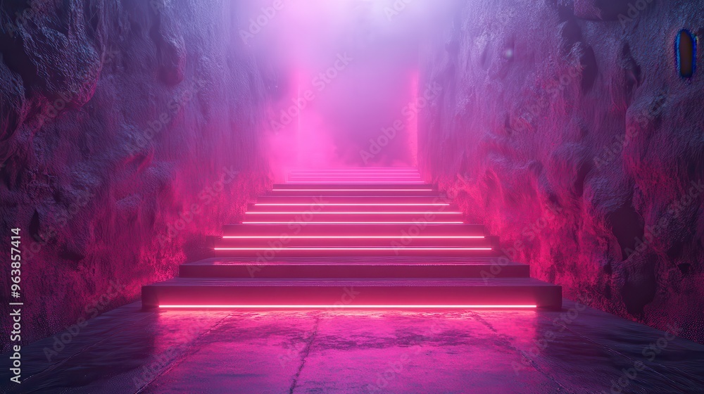 Poster 3d abstract violet neon backgroun3d with bright rays an3d glowing lines empty stage for laser show