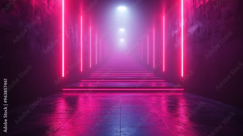 Poster 3d abstract violet neon backgroun3d with bright rays an3d glowing lines empty stage for laser show