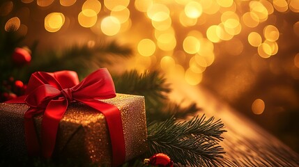 Festive Christmas Scene with Golden Gift Boxes and Red Ribbons on Pine Branches; Glittering Holiday Background with Pine Cones, Red Baubles, and Warm Bokeh Lights for Seasonal Greeting Cards and Decor