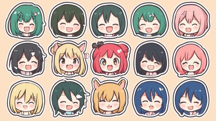 Fototapeta premium Cute Anime Girls Stickers Kawaii Characters Collection